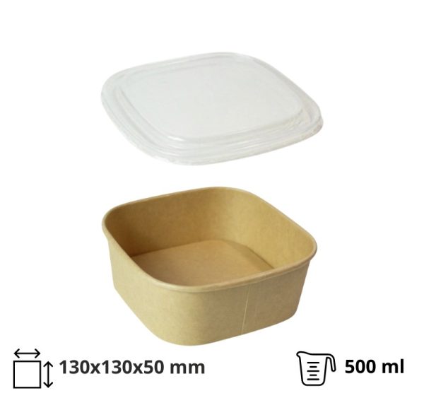 Papirnata posoda s PET pokrovom 500 ml 130х130х50 mm, kraft, 50 kos (komplet)